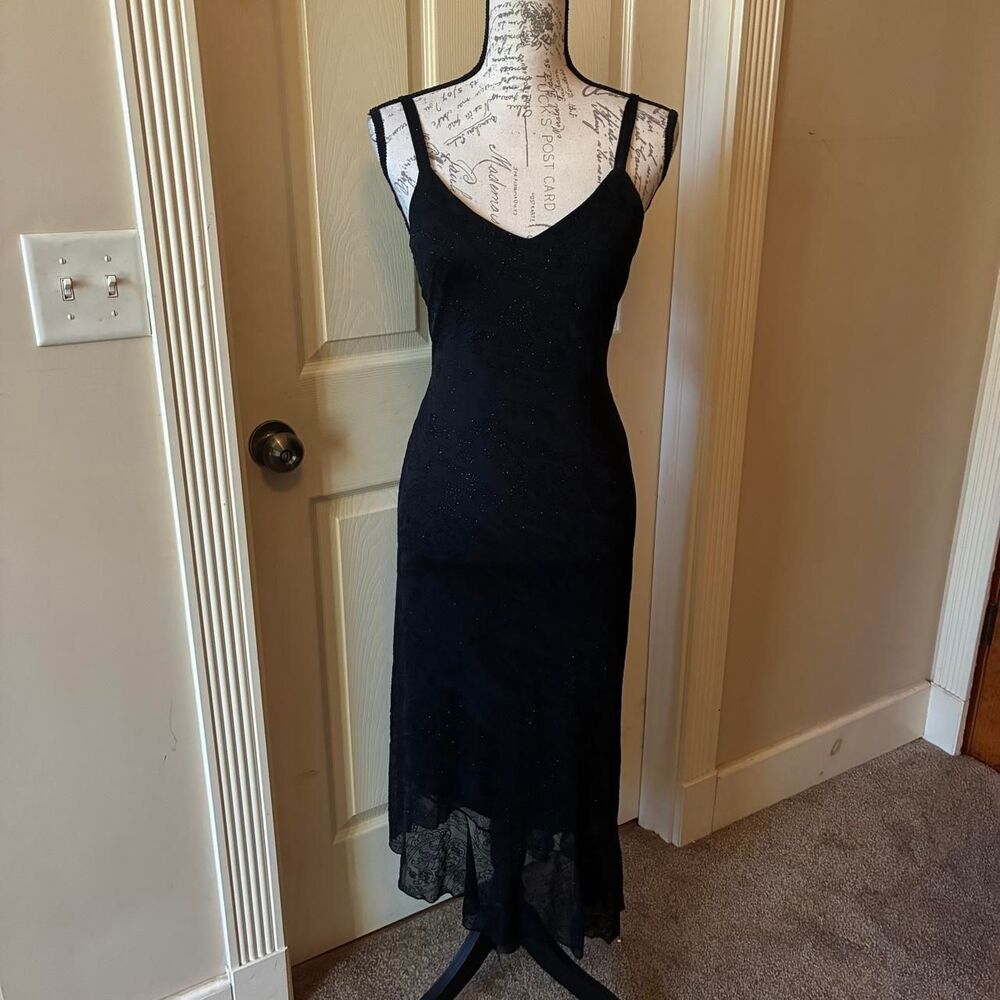 I.N. Studio Vtg 90s Y2K Whimsigoth Black Sparkly Mesh Asymmetrical Midi Dress